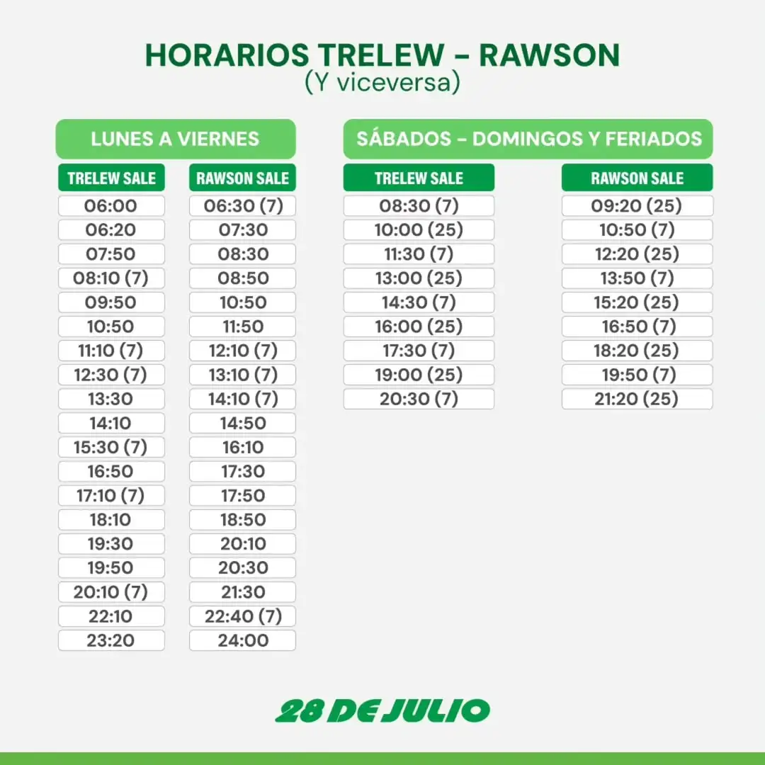 Horarios Lunes a Viernes, Sábados, Domingos, Feriados