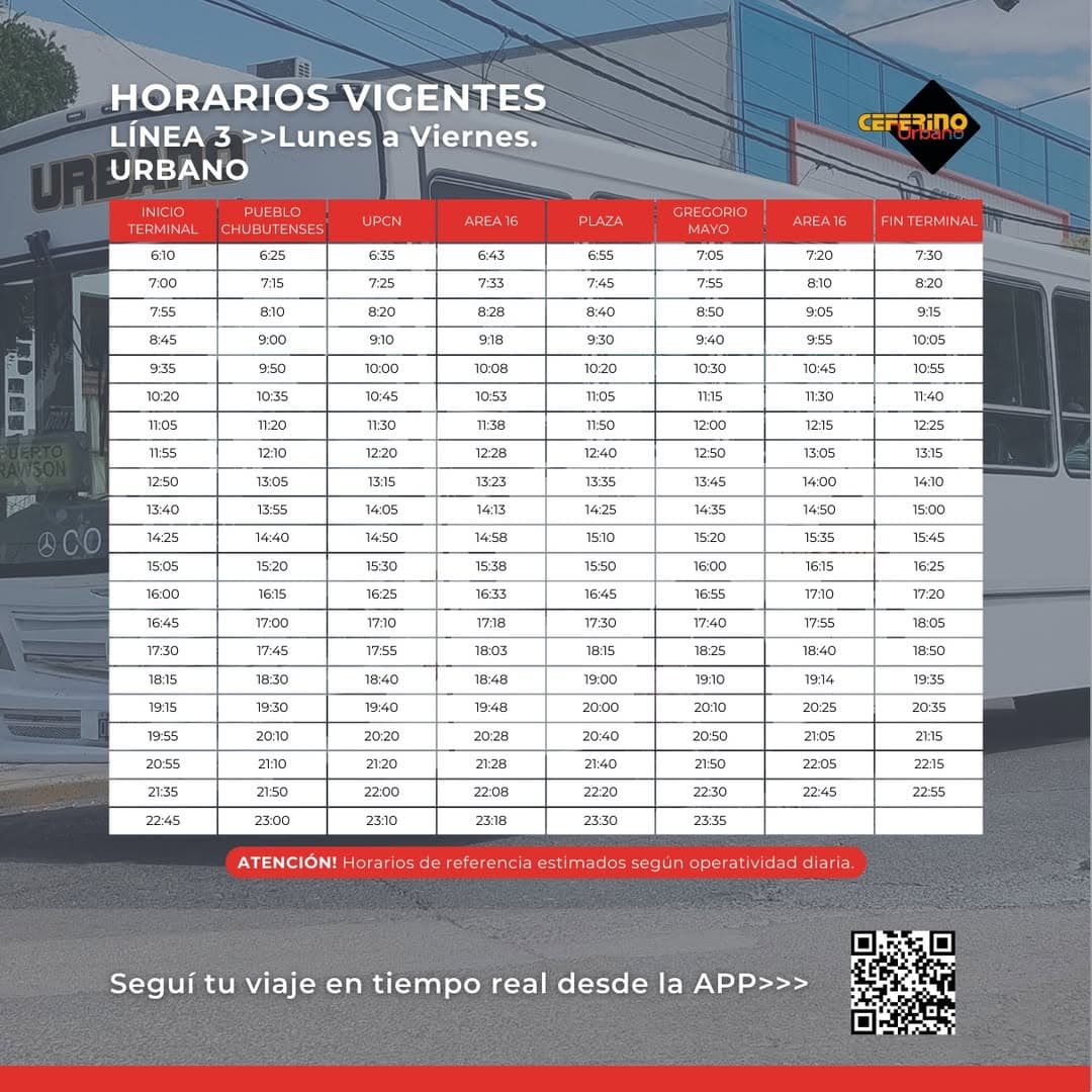 Horarios Rawson Urbano Lunes a Viernes