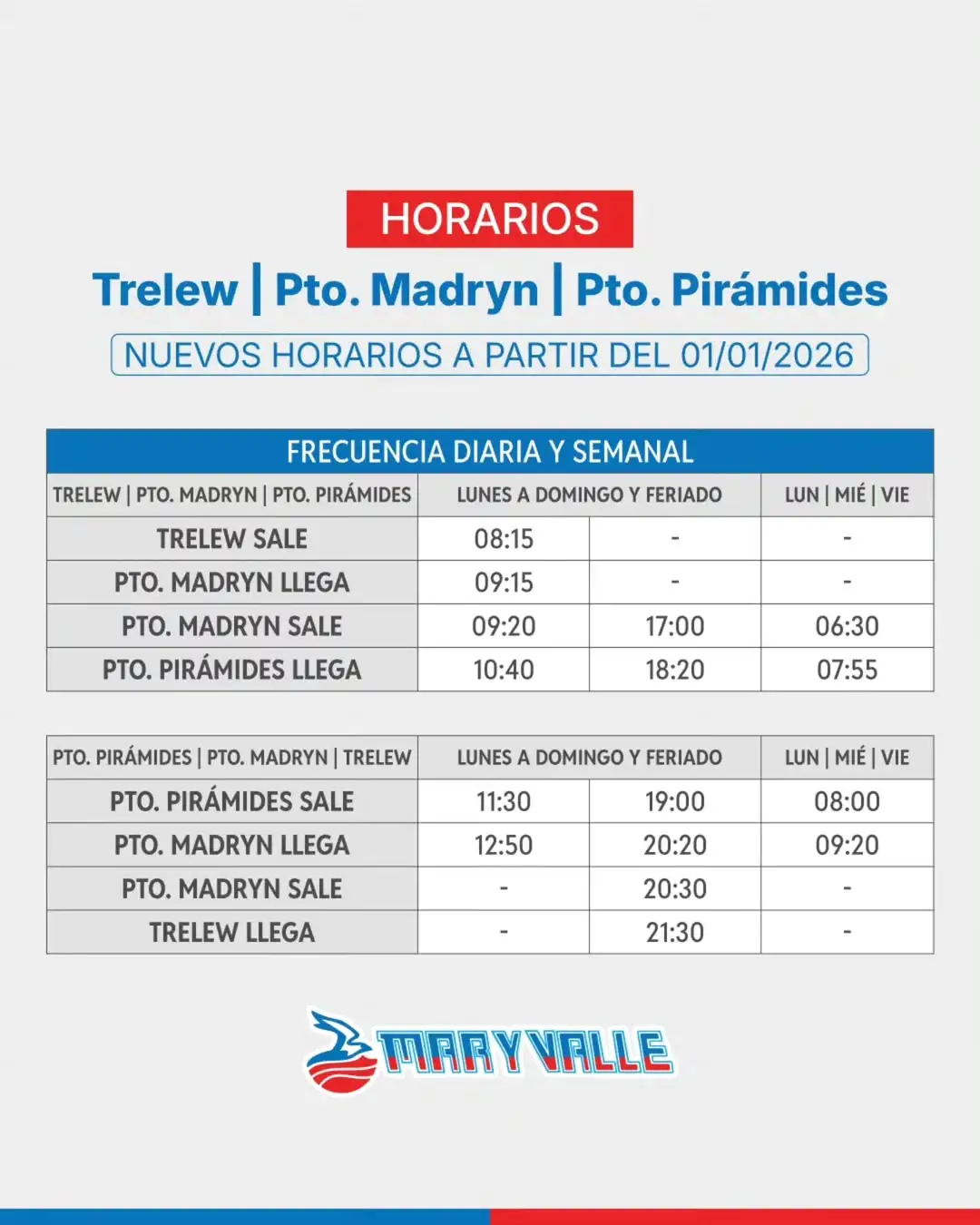 Horarios Lunes a Domingos y Feriados