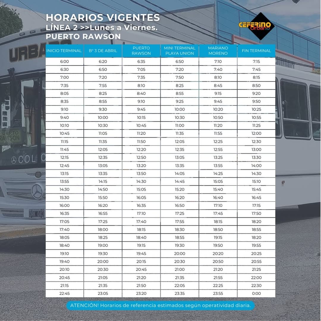 Horarios Rawson a Puerto Rawson (Directo) Lunes a Viernes