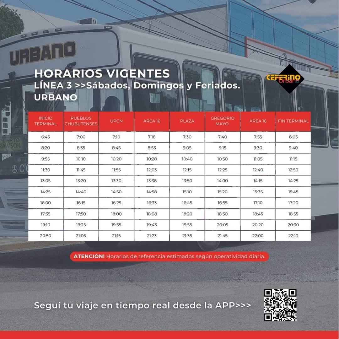 Horarios Rawson Urbano Sábados, Domingos y Feriados