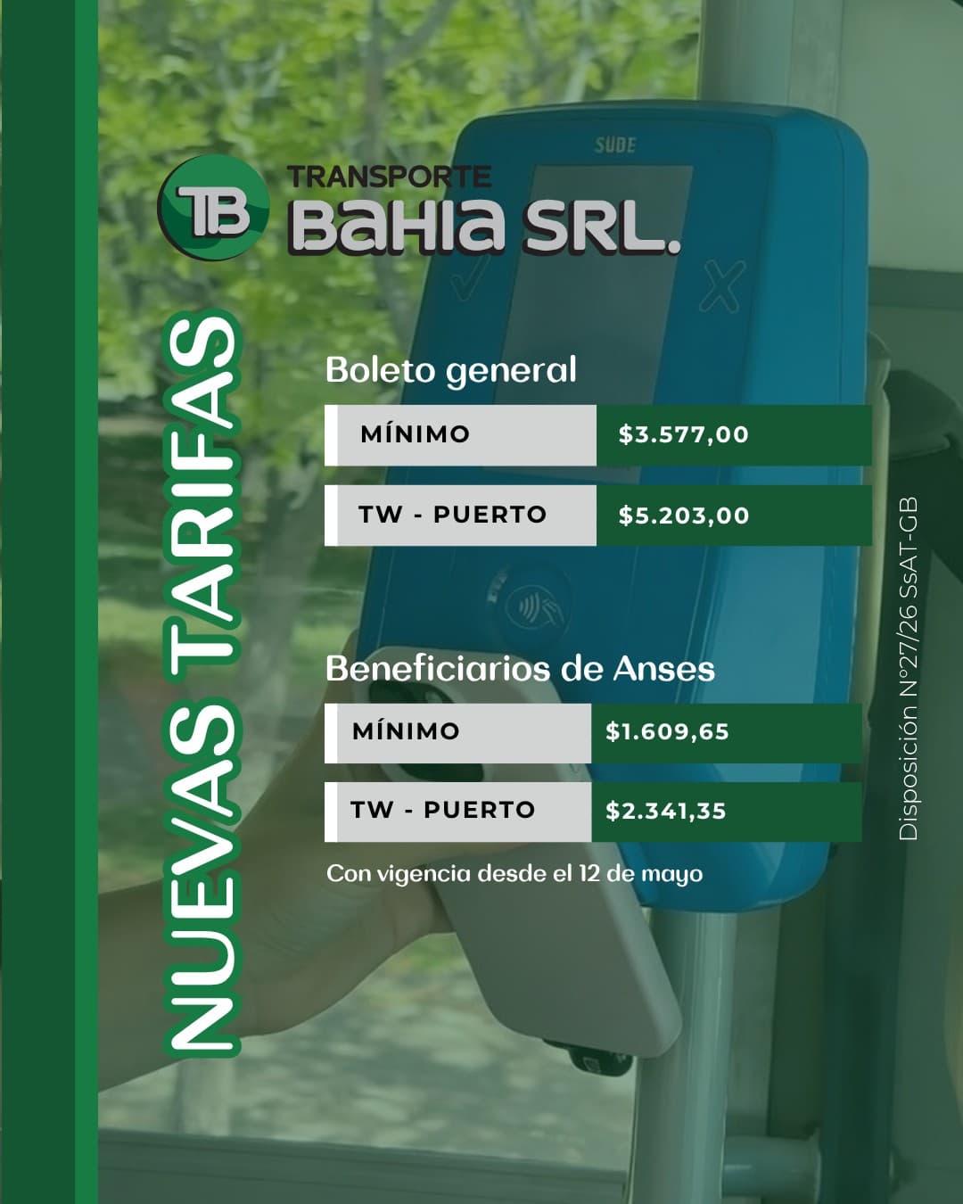 Tarifas Transporte Bahía