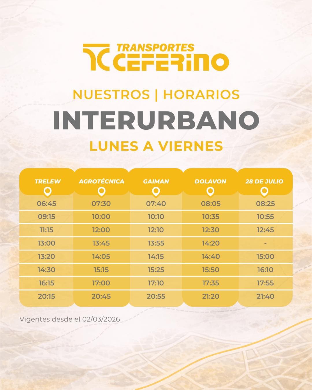 Horarios Lunes a Viernes, sale de Trelew