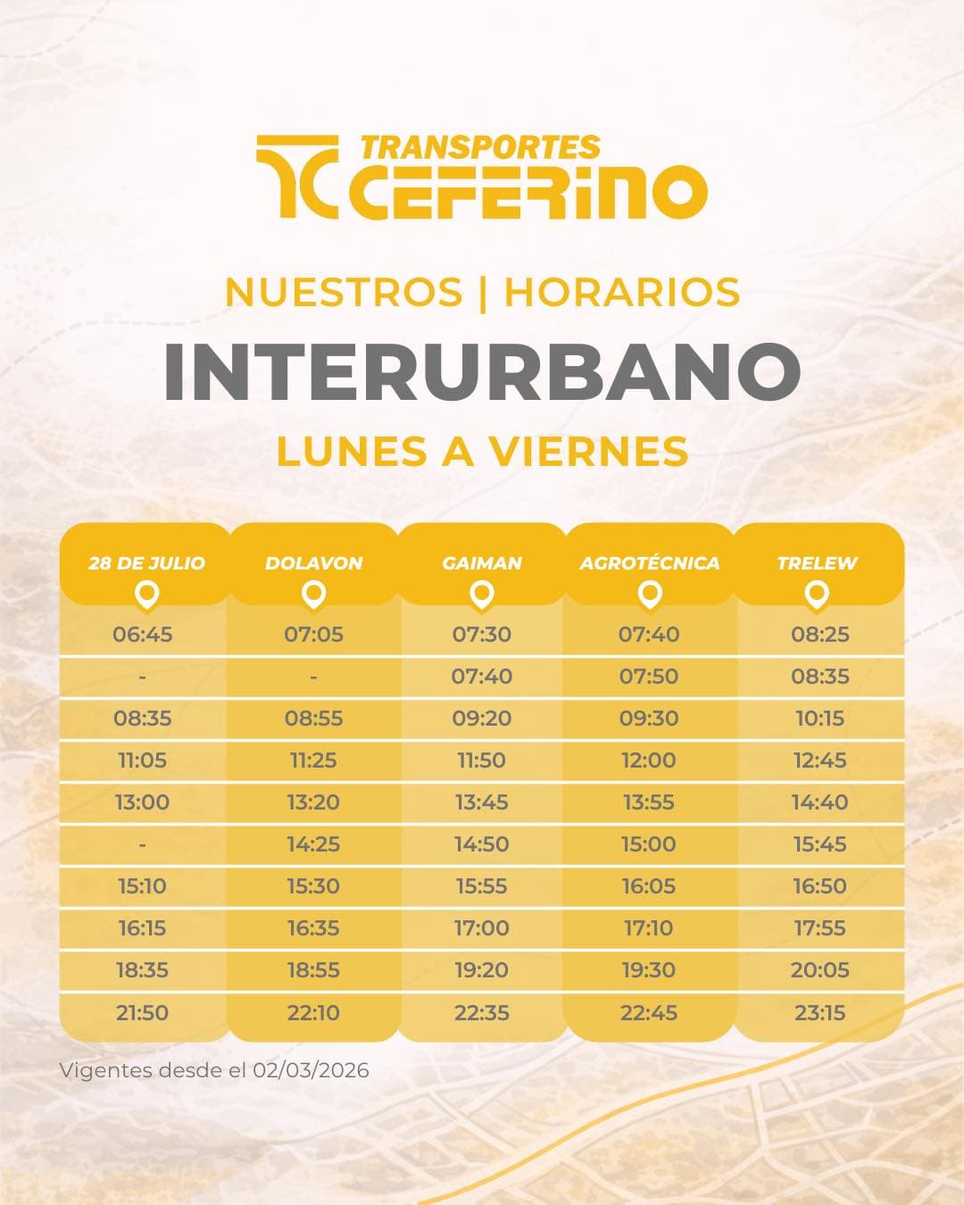 Horarios Lunes a Viernes, sale de 28 de Julio