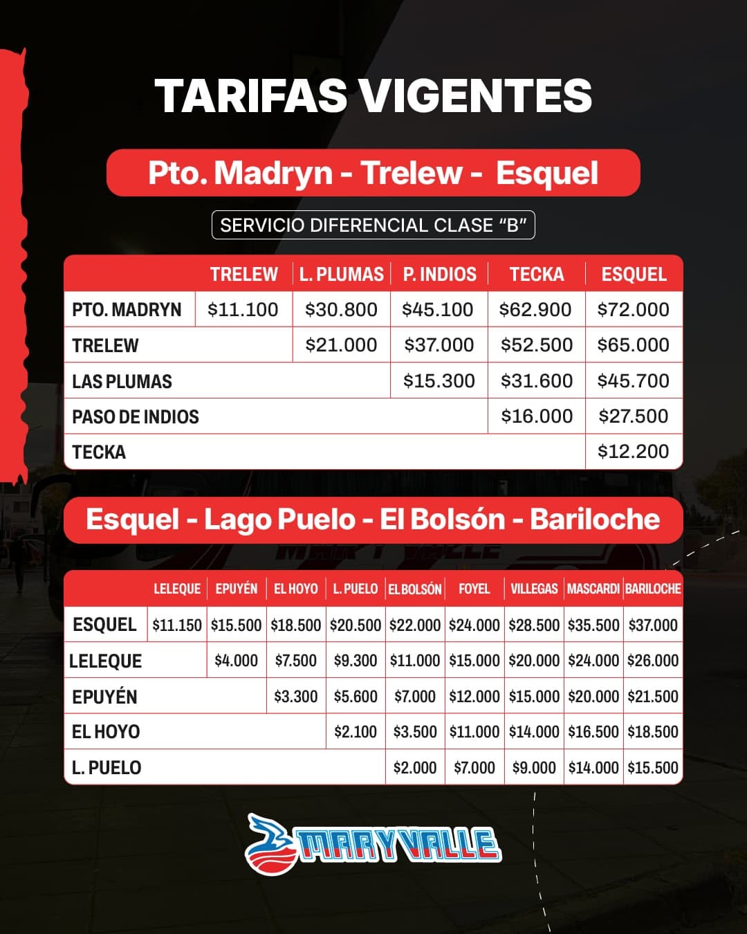 Tarifas Transporte Mar y Valle a Cordillera
